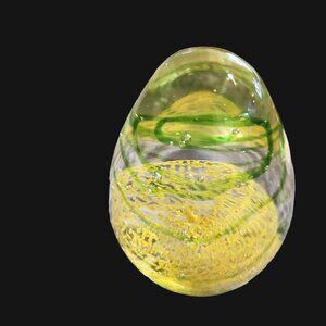 Paperweight Art Glass Egg Handblown 3.5" Clear Yellow Net Green Swirl Gift Decor